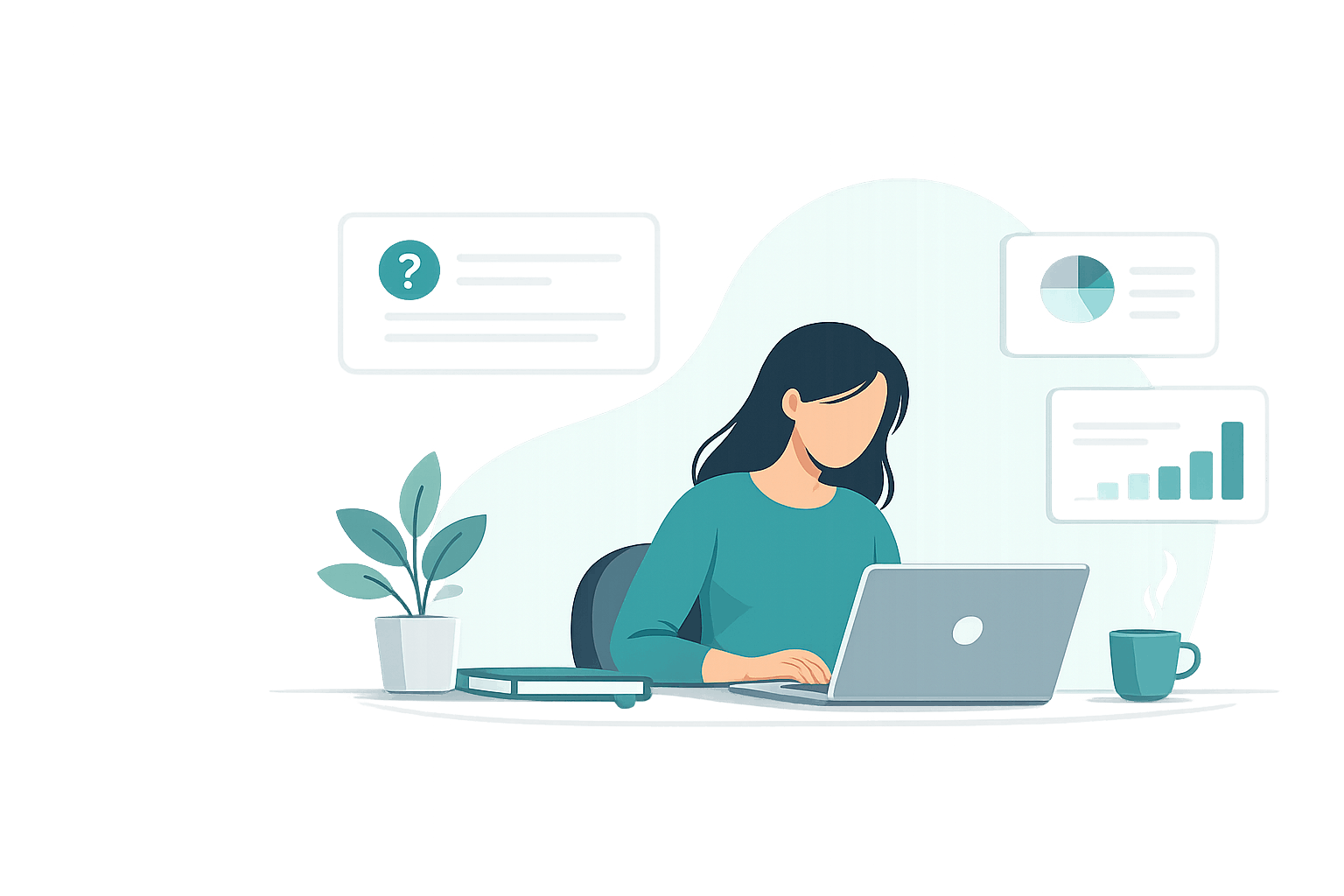Illustration of a woman using a laptop to transform content into engaging learning experiences with interactive learning and analytics tools.