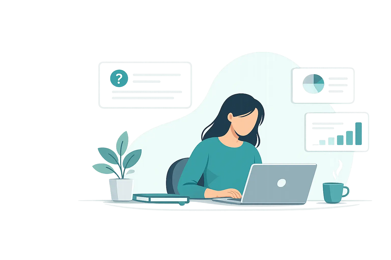Illustration of a woman using a laptop to transform content into engaging learning experiences with interactive learning and analytics tools.